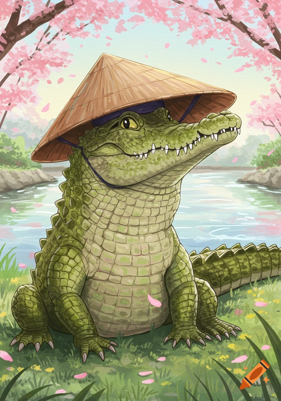 A cute green crocodile wearing a straw jingasa hat sits by a river with pink cherry blossom trees overhead, in an illustration style.