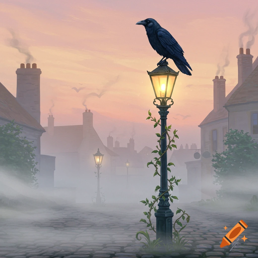 A black crow perches on a glowing street lamp on a misty cobblestone street in a quaint town at dusk.