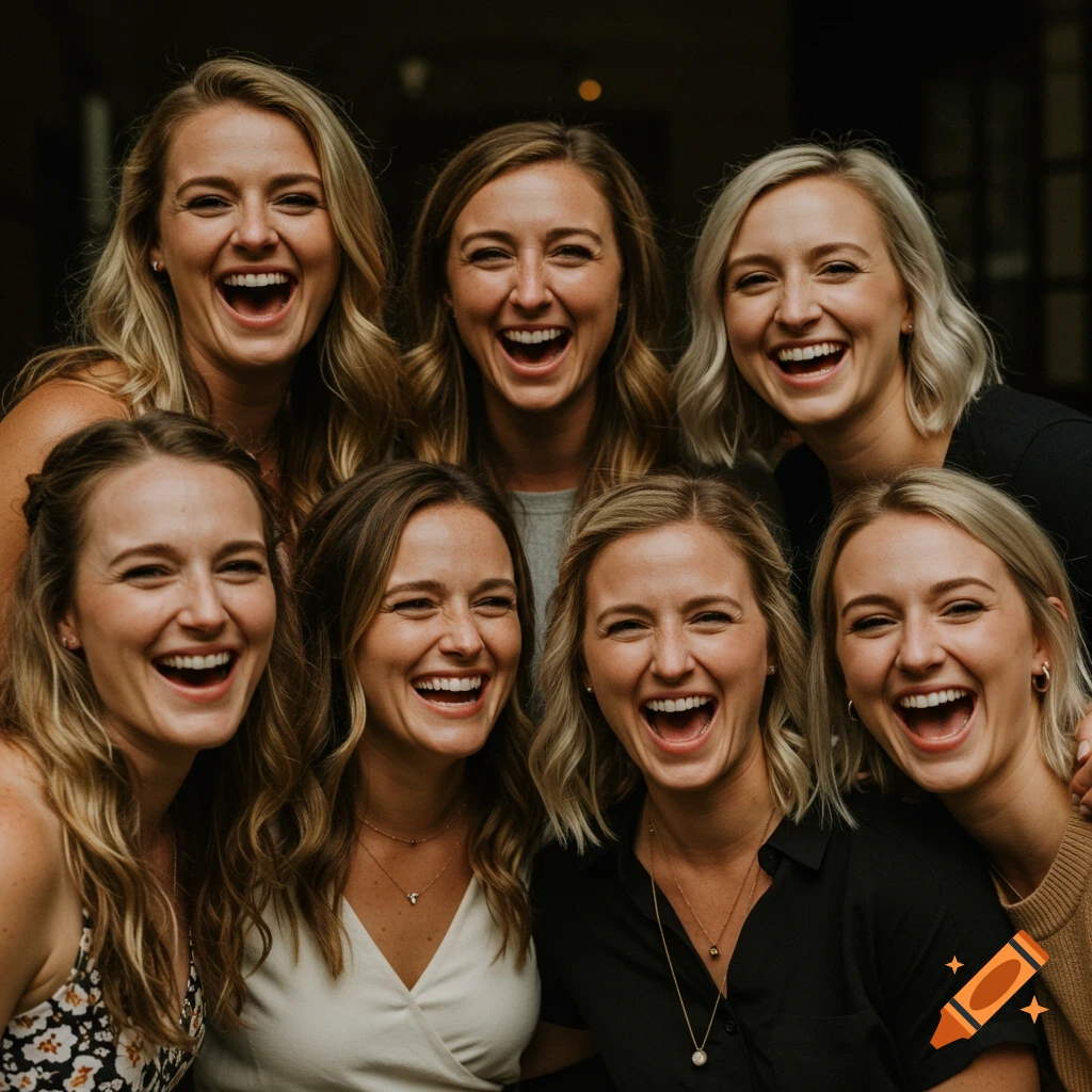 A group of seven happy women with diverse hairstyles laughing and looking at the camera.