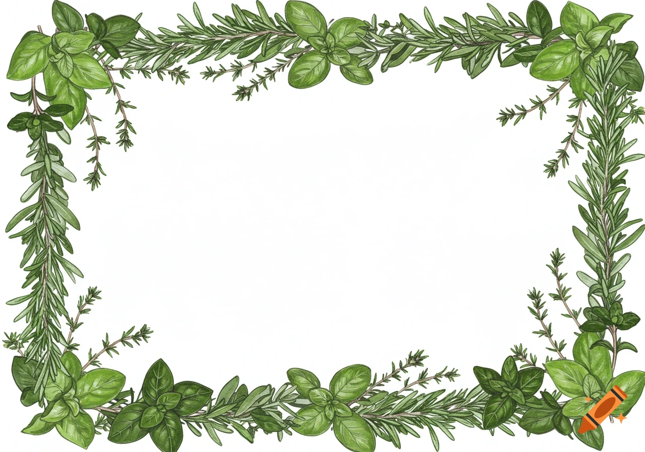 Illustrative border frame of green rosemary, basil, and thyme herbs on a white background.