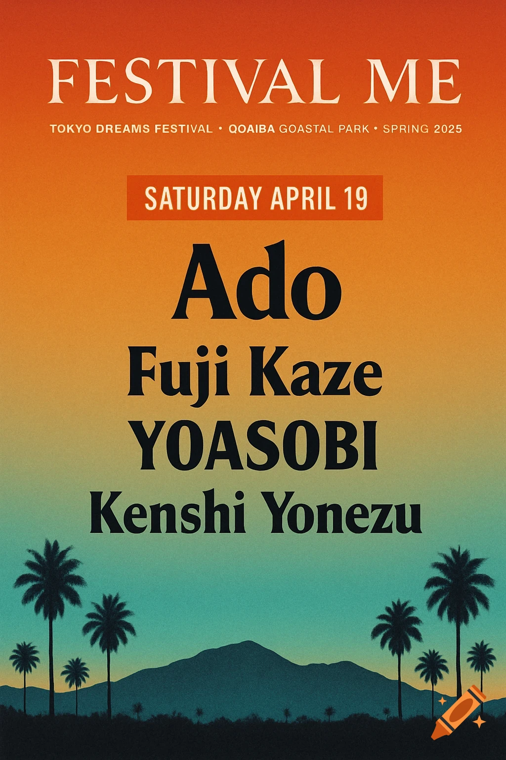 A vibrant music festival poster with an orange to turquoise gradient background. Silhouettes of palm trees and mountains are at the bottom. Black text lists 'FESTIVAL ME', date, location, and artist names like Ado, Fuji Kaze, YOASOBI, and Kenshi Yonezu.