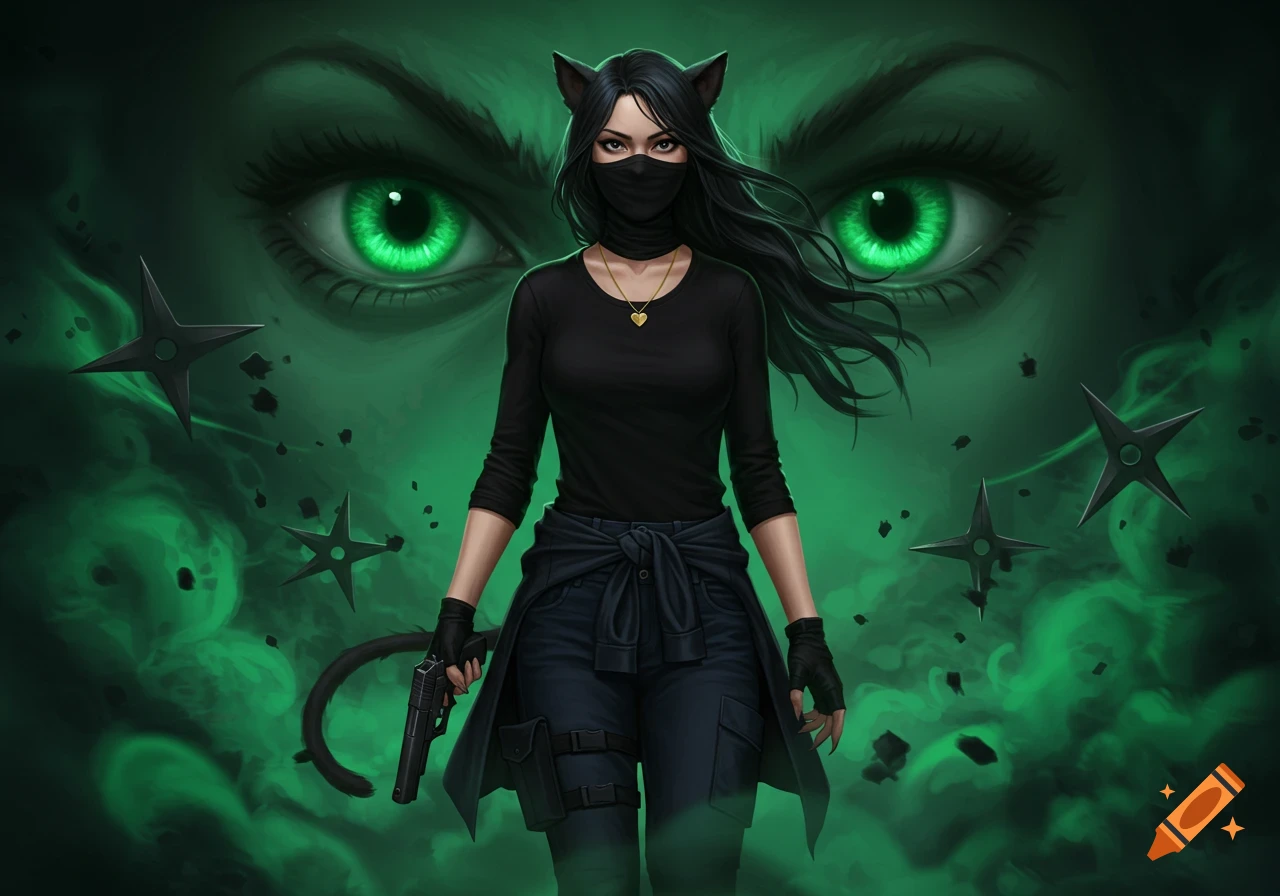 A dark-haired woman in a black tactical outfit with cat ears and tail holds a gun, set against a spooky green misty background with large glowing green eyes and flying ninja stars.
