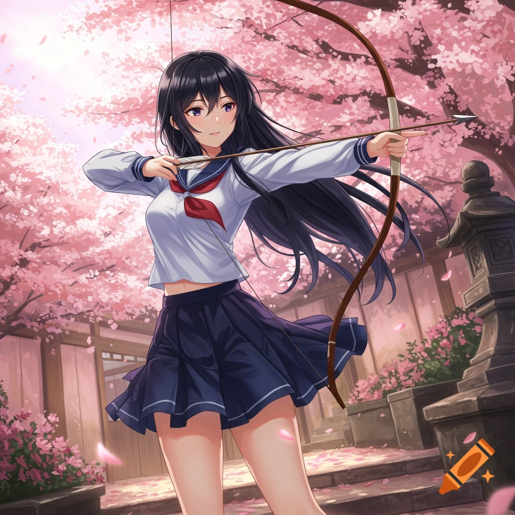Anime girl in a school uniform holding a bow and arrow under cherry blossoms in a Japanese garden.