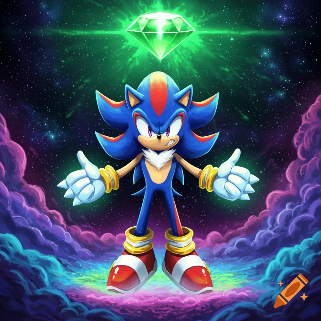 A blue and red Sonic-Shadow hybrid character stands with arms outspread under a glowing green Master Emerald in a vibrant cosmic landscape.