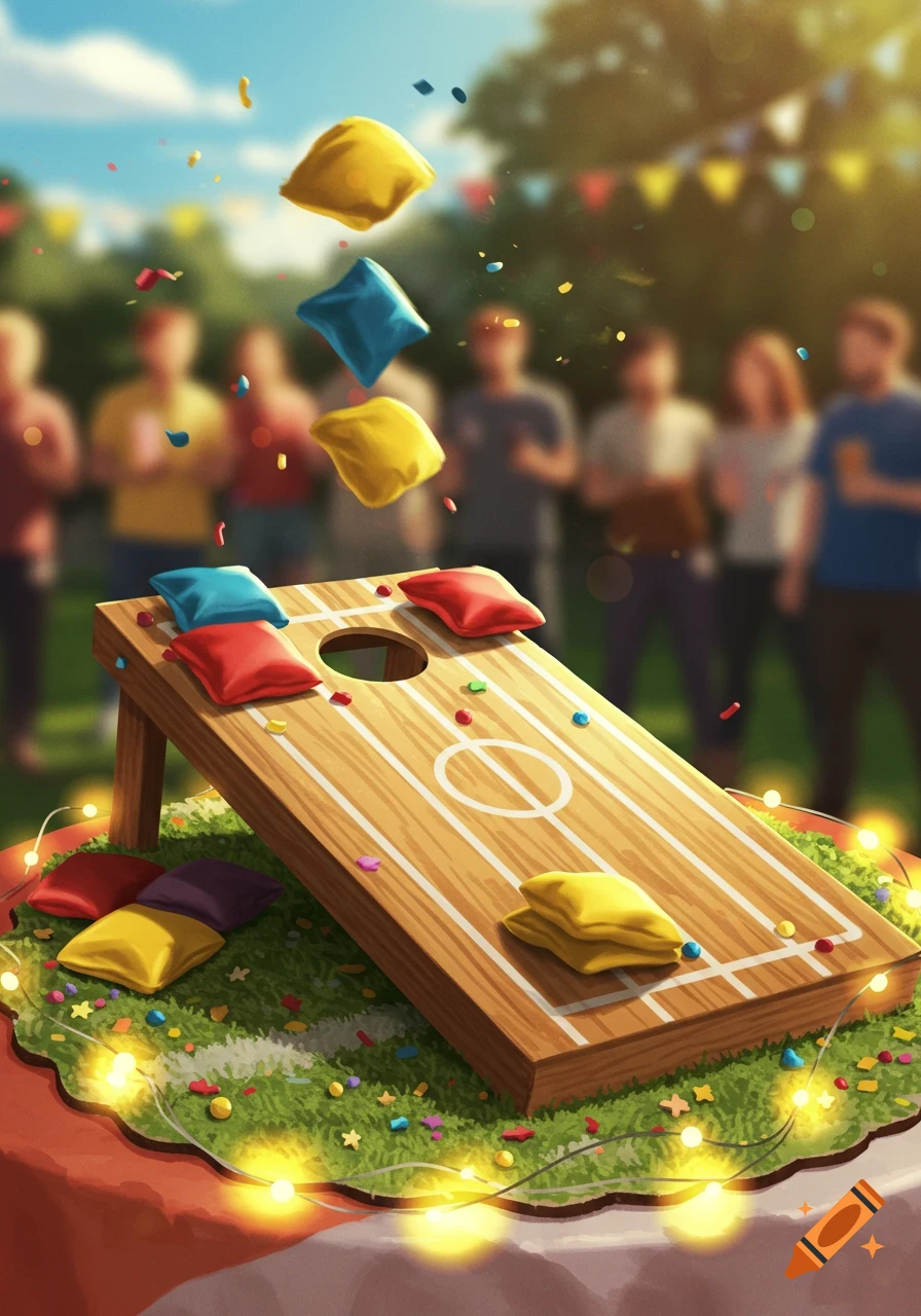 A vibrant illustration of a cornhole game at an outdoor party, with colorful beanbags mid-air, confetti, and blurred people in the background.