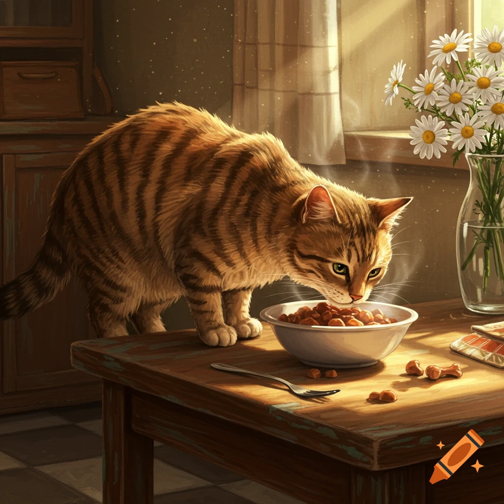 A tabby cat eating from a bowl on a wooden table, with sunlight streaming through a window and flowers nearby.