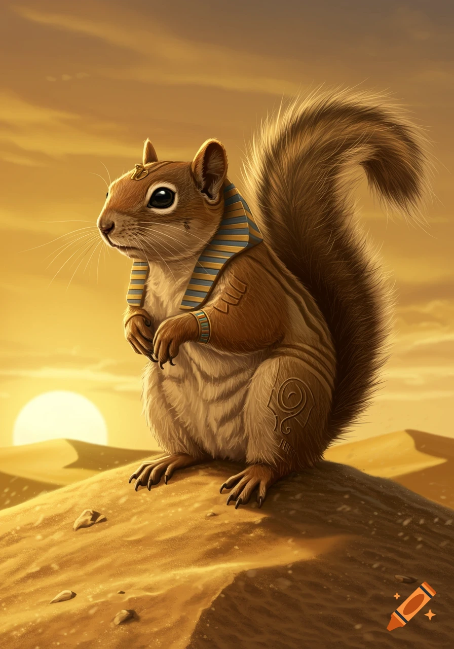 A realistic squirrel wearing Egyptian pharaoh attire, including a nemes headdress and armbands, standing on a sand dune in a desert at sunset.