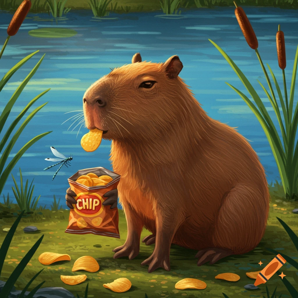 A cartoonish capybara sits by a pond, eating a chip from a bag of chips, with more chips scattered on the grass.