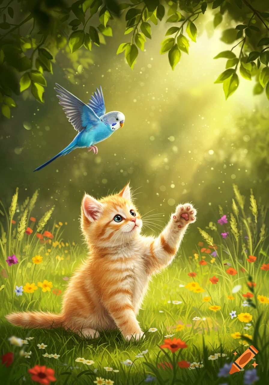 An orange tabby kitten reaches up to a flying blue parakeet in a sunny green field with colorful flowers.