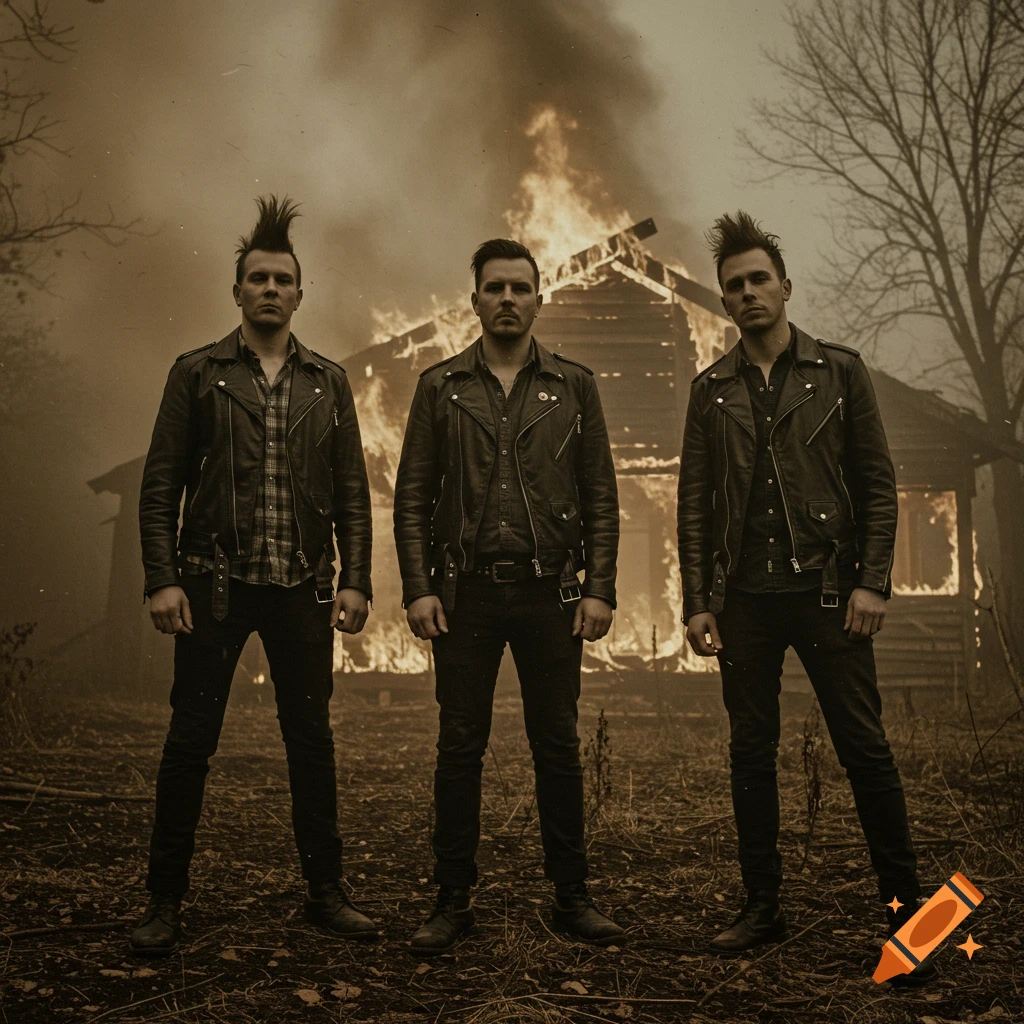 Three punk rock men in leather jackets stand before a burning house in a sepia-toned photo.