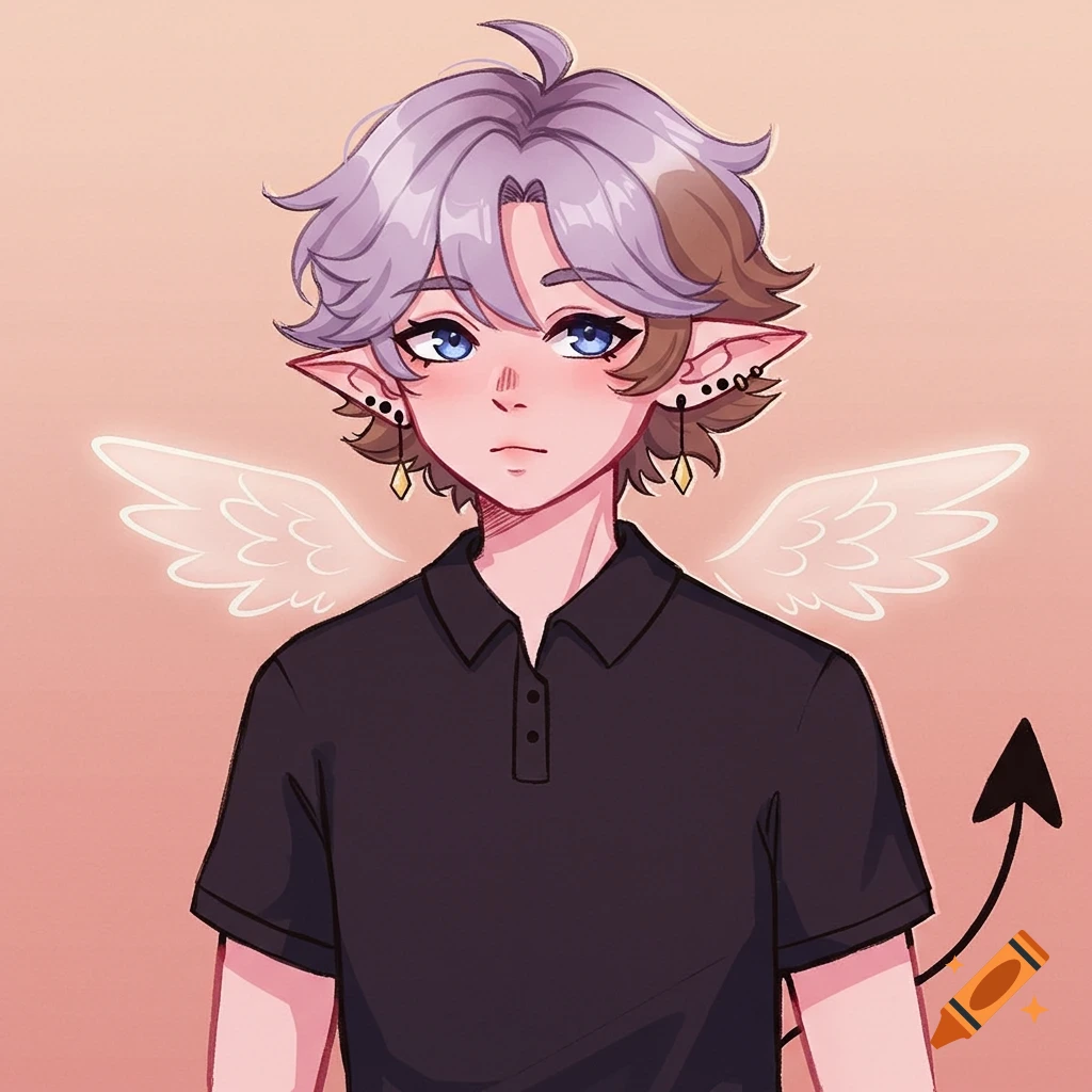 Anime-style character with purple and brown hair, elf ears, angel wings, and a demon tail, wearing a black polo shirt.
