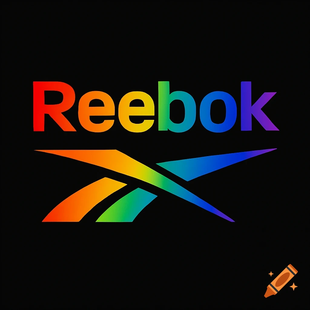 Reebok logo with a rainbow color gradient on a black background.