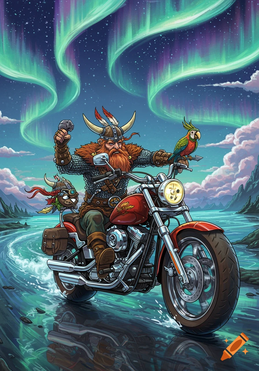 A cartoon viking with a parrot rides a red motorcycle on water under a vibrant aurora borealis.