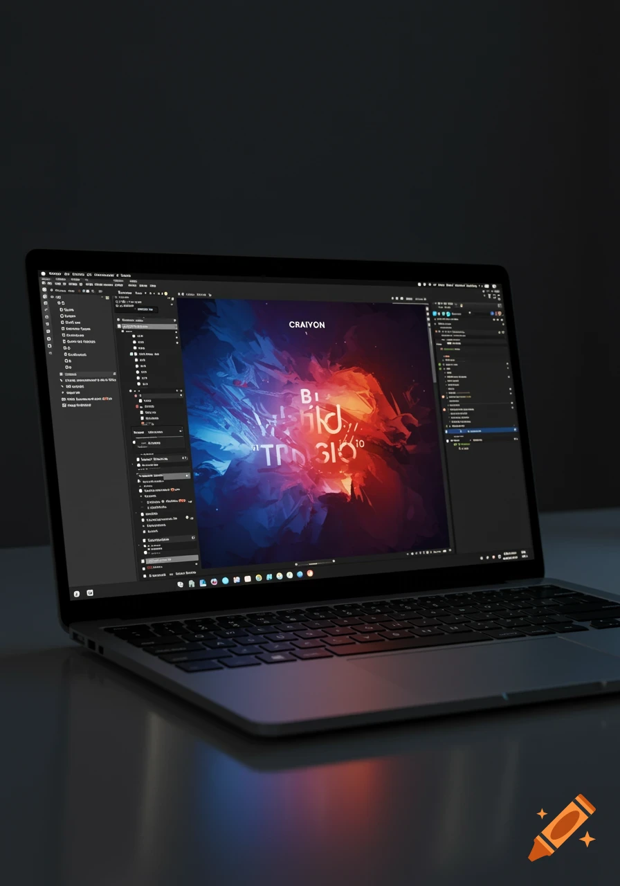 A laptop displaying a colorful abstract image with 'CRAIYON' and other text on its screen in a dimly lit room.