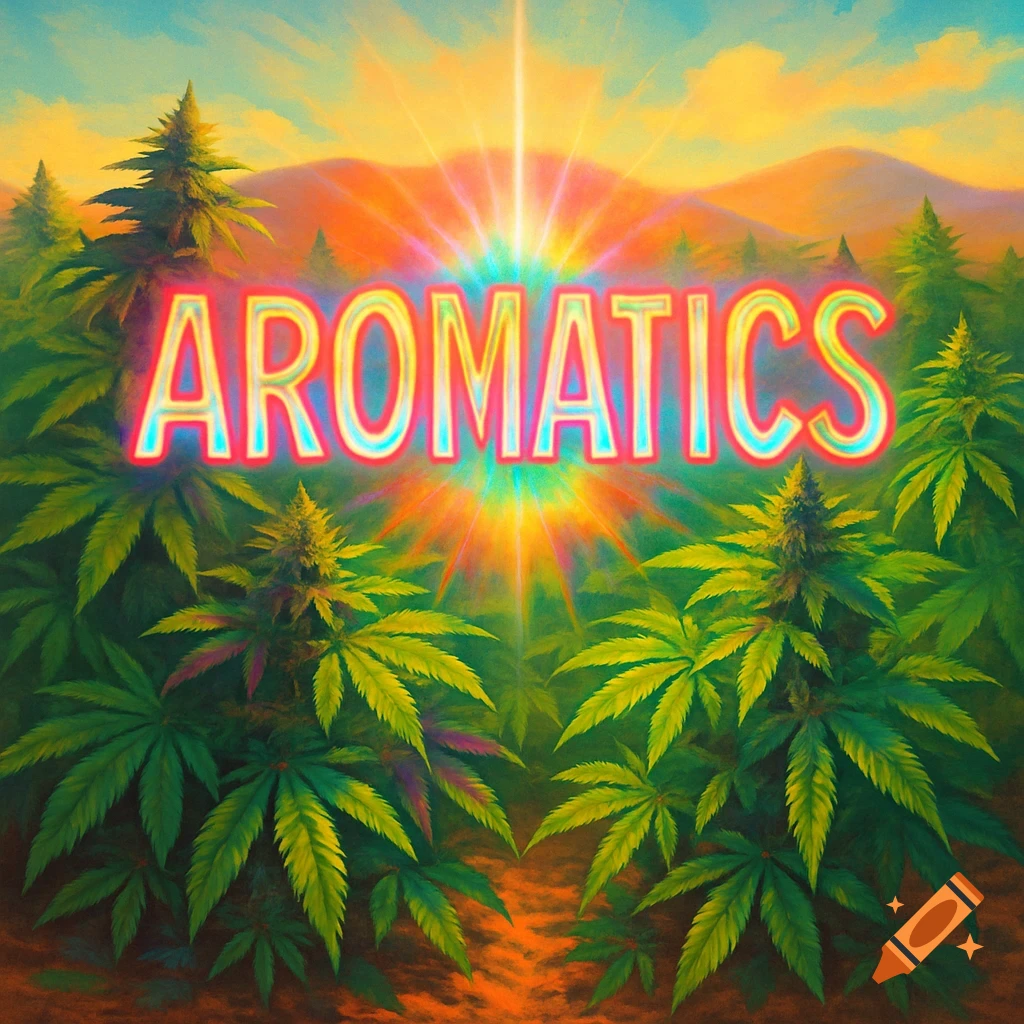 Vibrant painting of cannabis plants and pine trees with a glowing 'AROMATICS' text, under a radiant sky and hills.