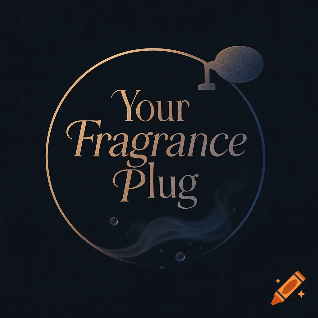 A dark gold and blue logo with 'Your Fragrance Plug' text in a circle, featuring a perfume atomiser and subtle smoke elements.
