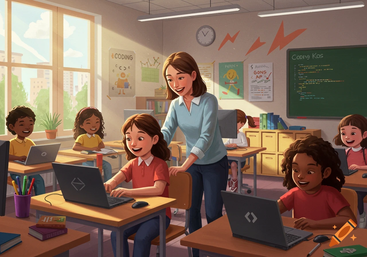 A smiling teacher helps students learn coding on laptops in a brightly lit classroom, with colorful posters and a whiteboard in the background.