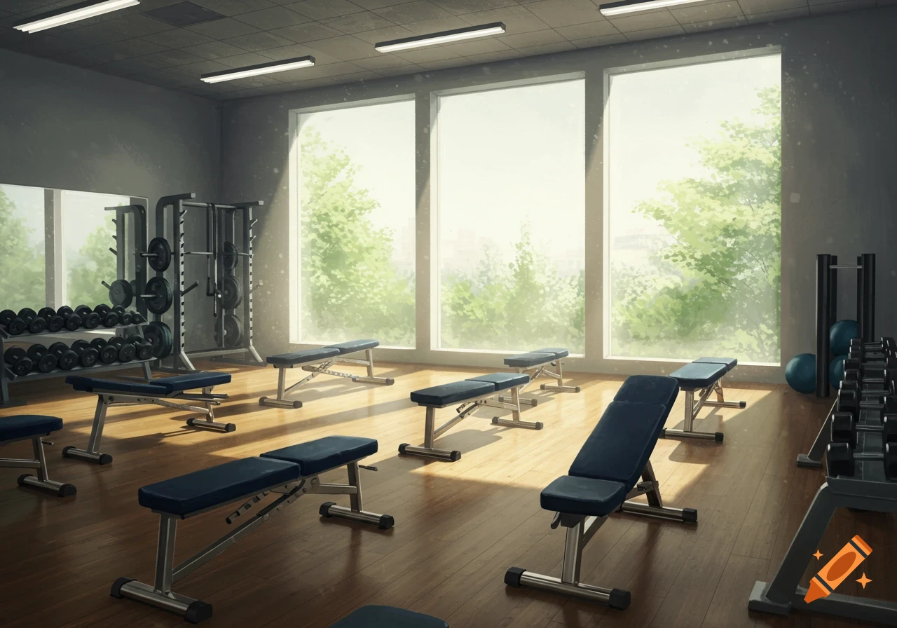 A bright workout room with numerous benches, weight racks, and large windows looking out onto green trees.