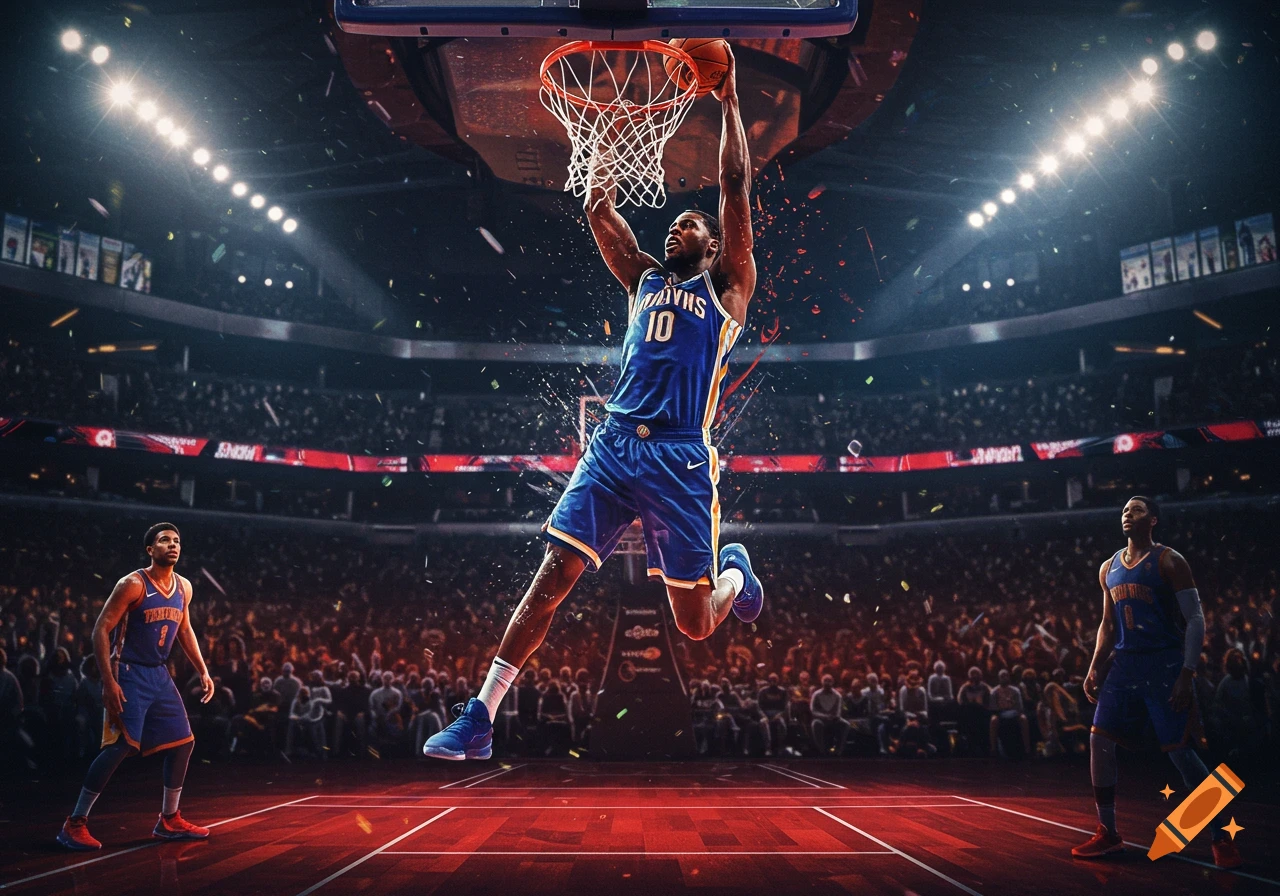 A basketball player in a blue uniform dunks a basketball in a stadium with a crowd and bright lights.