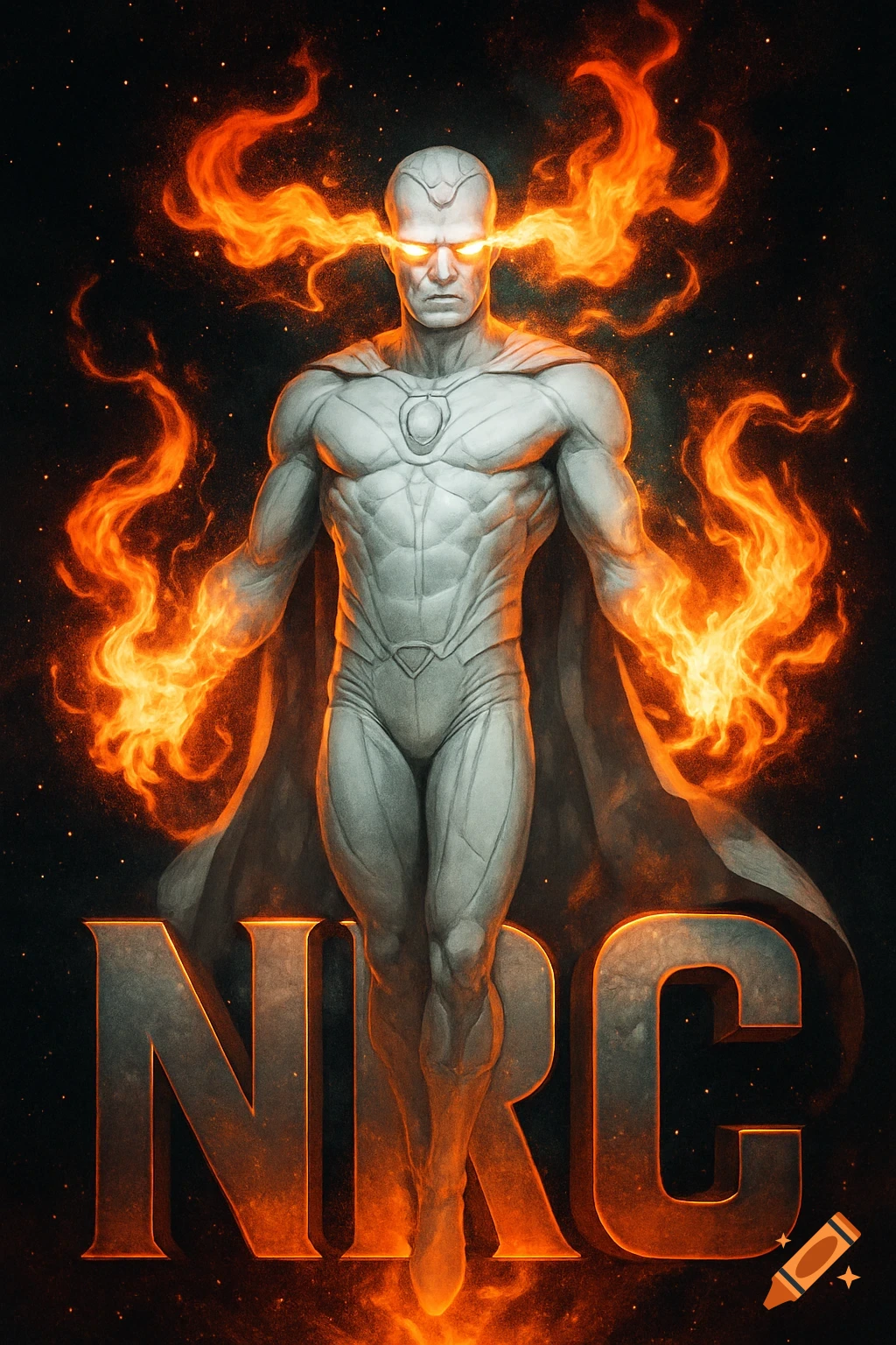 White Vision floats, eyes and hands burning with bright flames, above large NRC letters, in a comic art style.