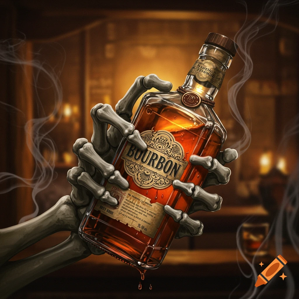A skeleton hand firmly grips a glowing bottle of bourbon, with smoke rising around it in a dimly lit bar setting. Realistic digital art.