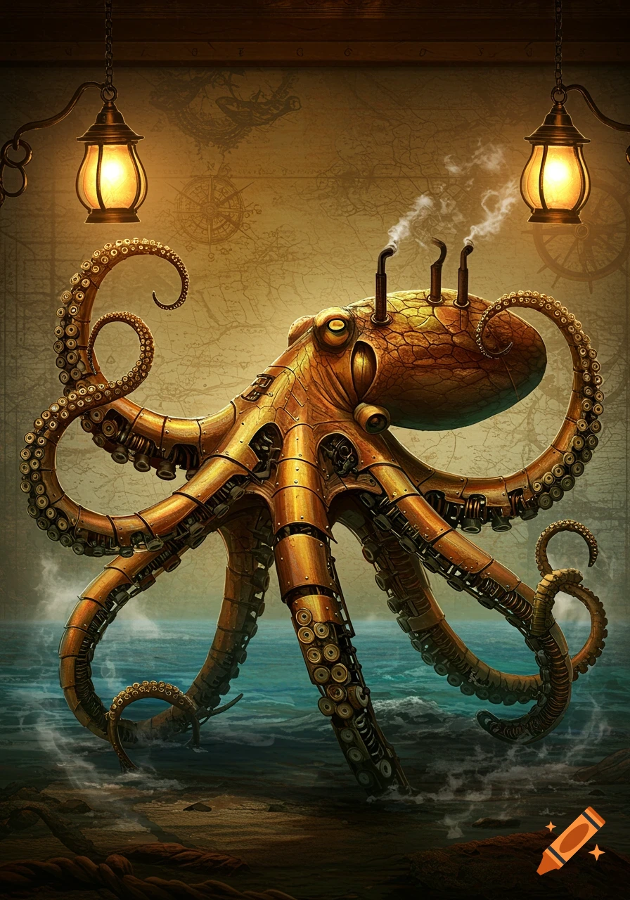 A bronze steampunk octopus with many cogs and gears stands in ocean water, under two glowing lanterns, against a background of a world map.