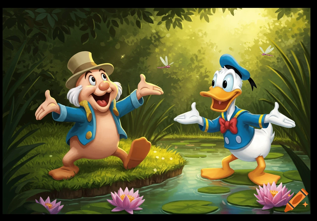 Mr. Toad and Donald Duck happily stand by a pond with lily pads and dragonflies in a vibrant cartoon style.