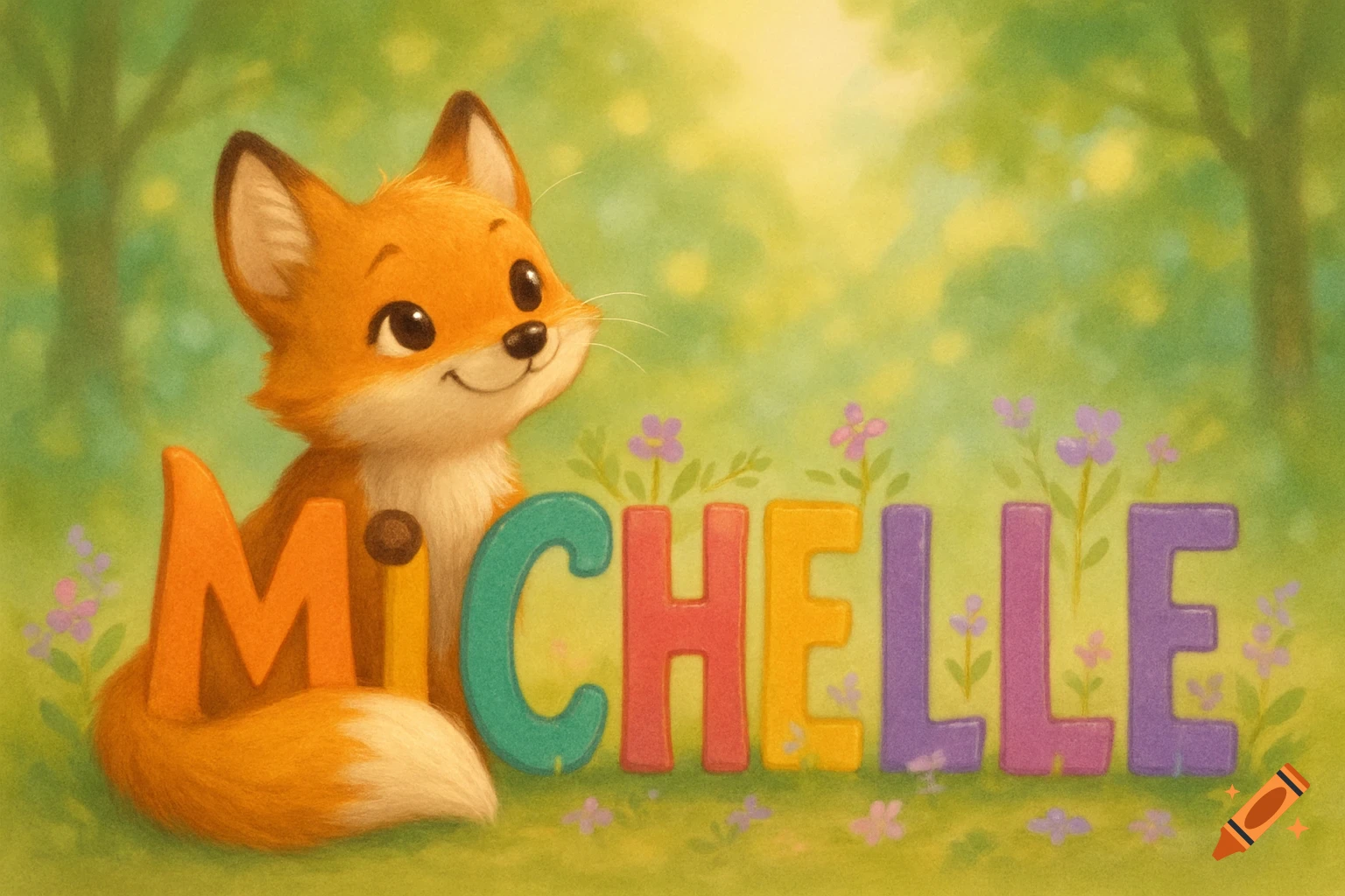 A cute cartoon fox sits in a grassy forest, smiling next to colorful block letters spelling the name 'MICHELLE'.
