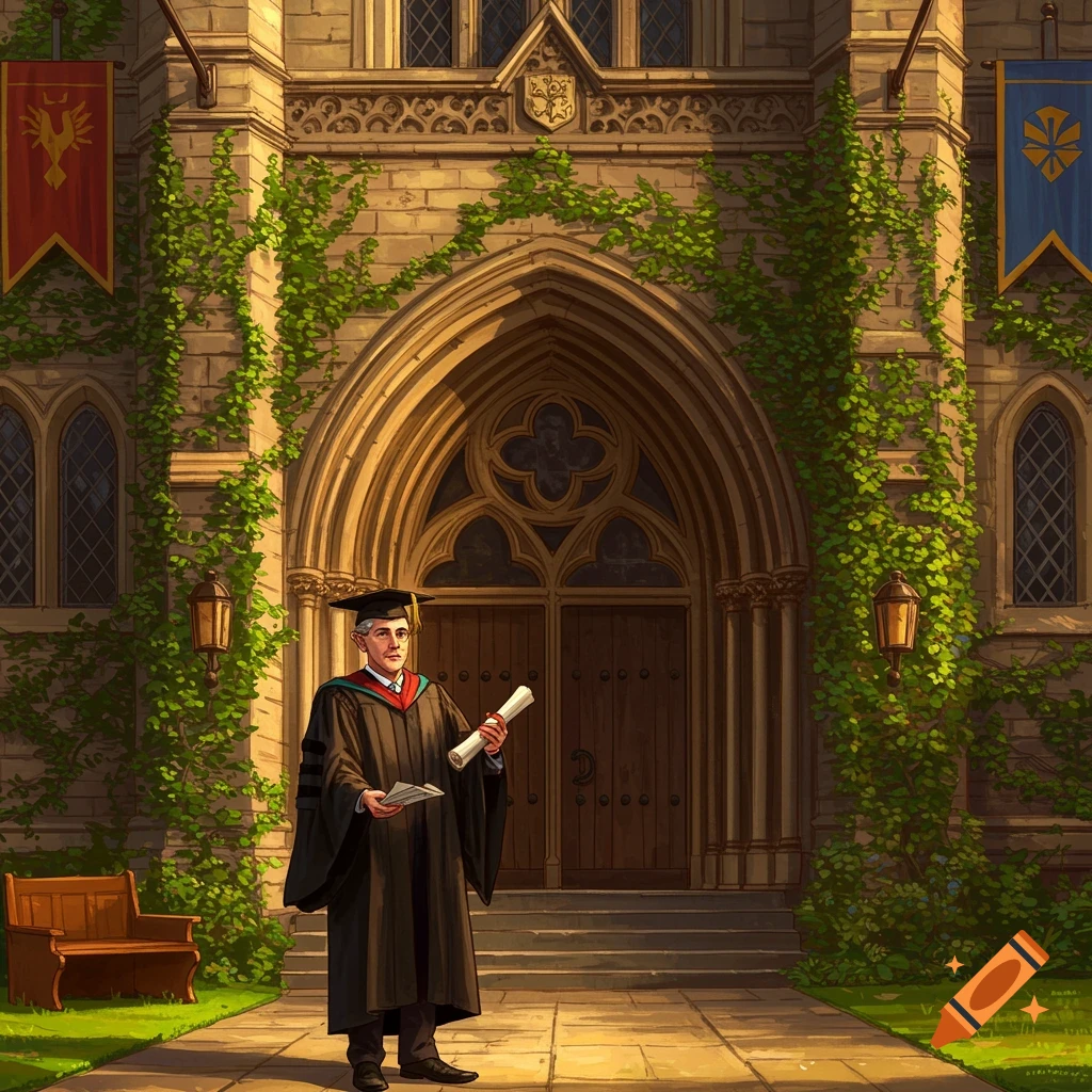 A man in a graduation cap and gown holds a diploma in front of an ivy-covered stone university building.