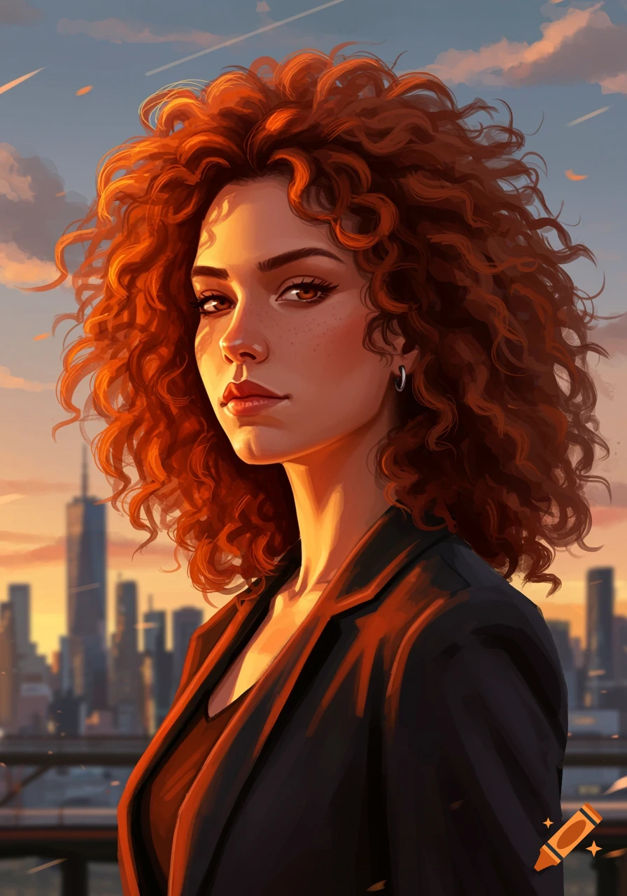 A vibrant digital art portrait of a young woman with auburn curly hair, set against a city skyline at sunset.
