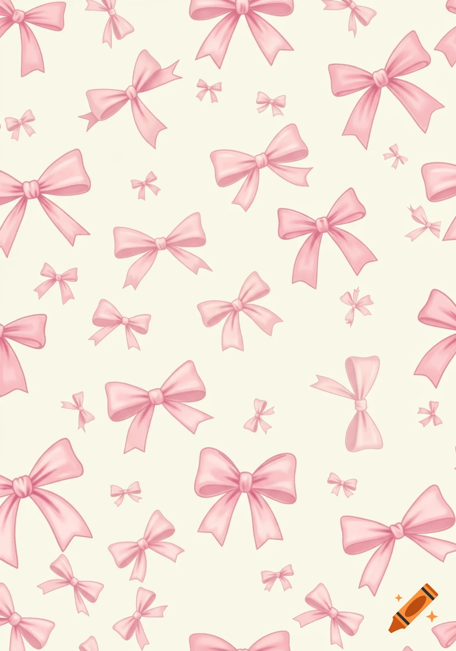A seamless pattern of various sized pink bows on a light cream background, in a cute illustrative style.