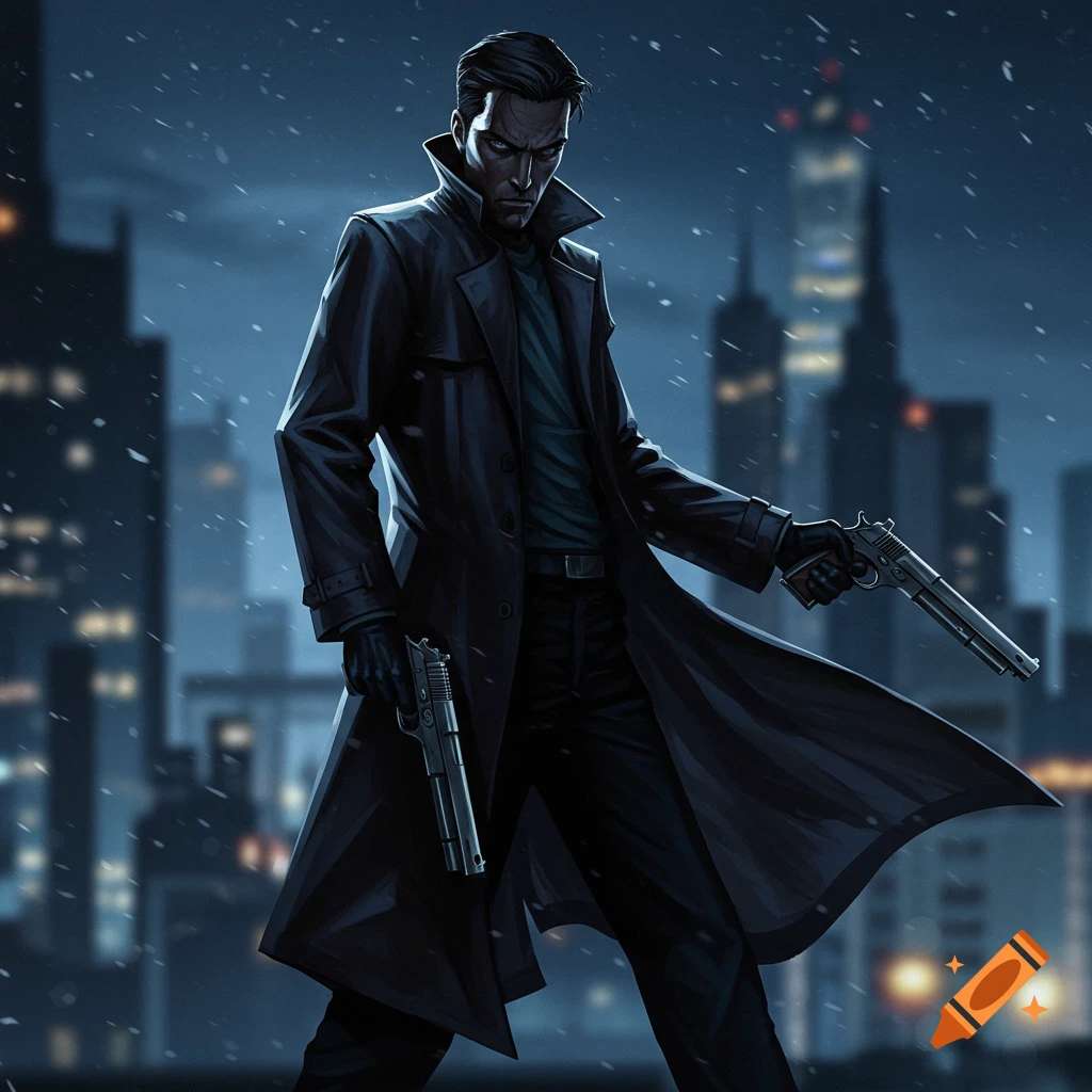 A dark-haired man in a trench coat holds two pistols in a rainy city at night, in a comic book art style.