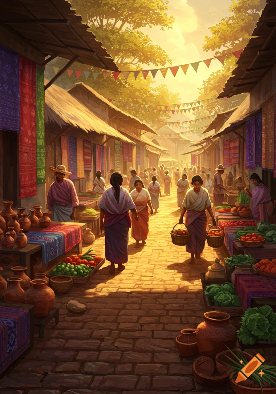 A vibrant, painterly scene of a bustling outdoor village market with people, stalls of produce and pottery, under a warm, sunny sky.