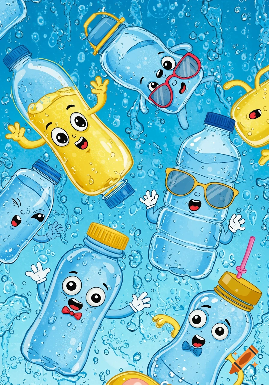 Several cartoon water bottles with faces and limbs, some with accessories, float happily in blue water with bubbles.