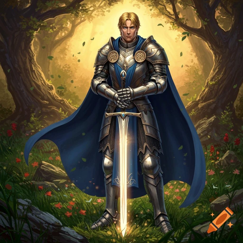 A knight in shining armor and a blue cape stands holding a glowing sword in a sunlit forest.