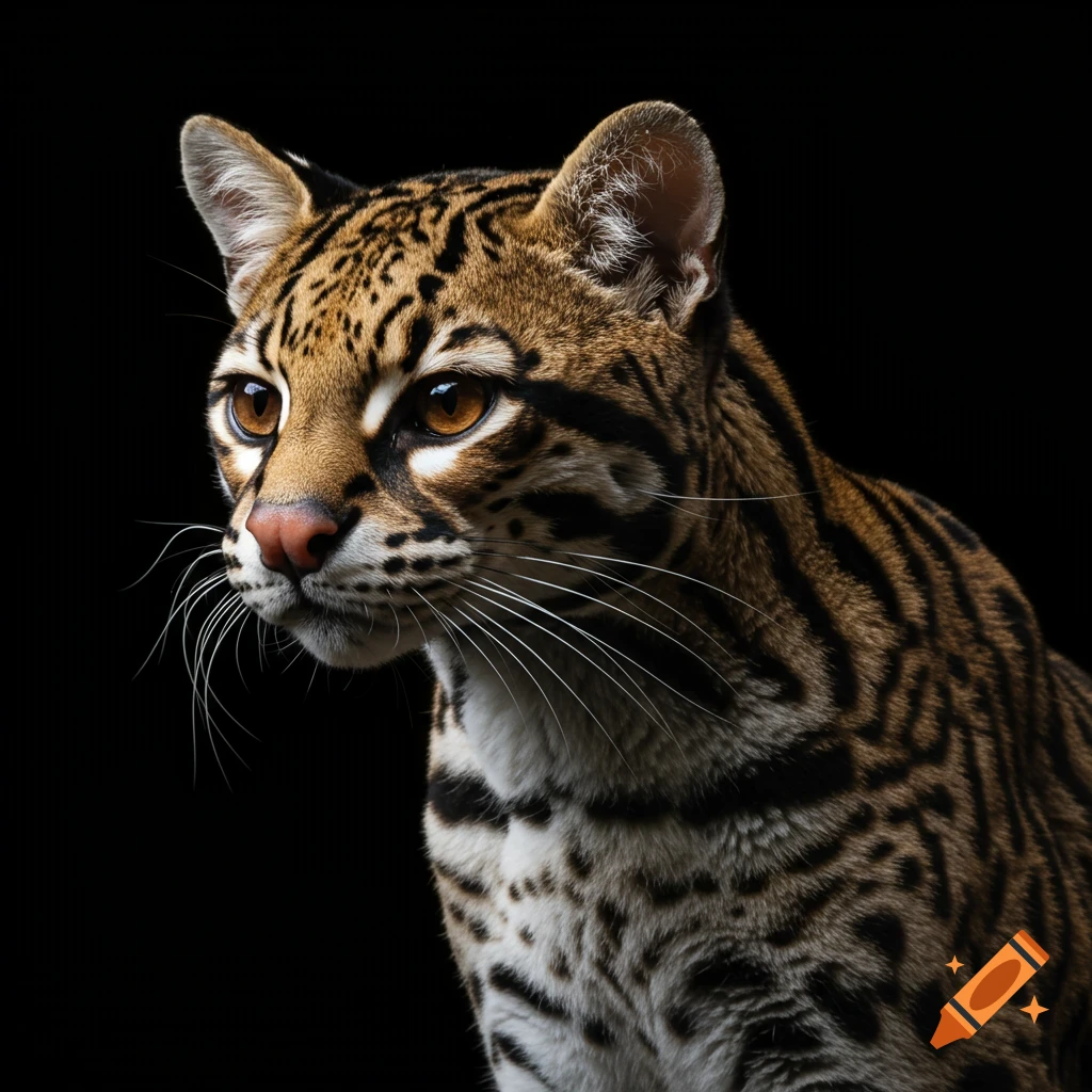 A close-up, photorealistic portrait of an ocelot looking left against a solid black background.