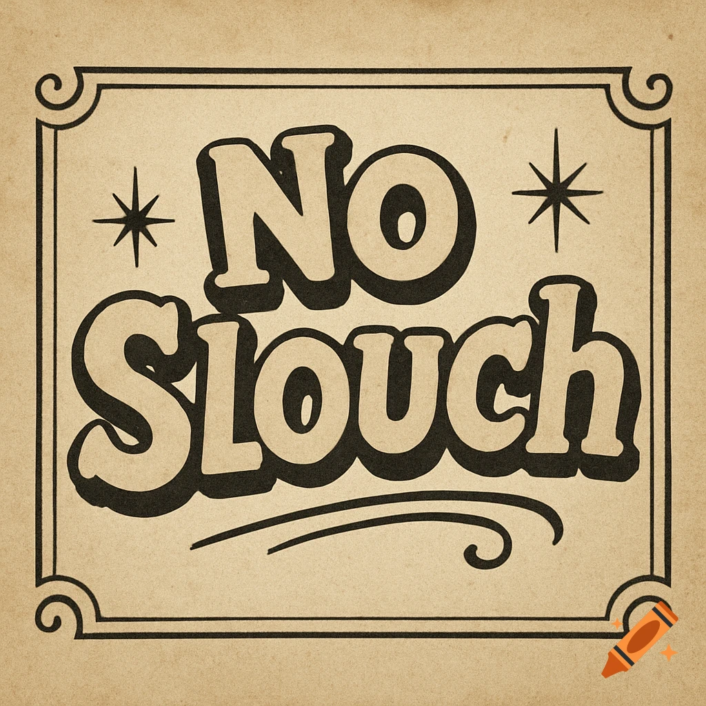 A vintage-style text logo on a beige background, reading "No Slouch" in a bubbly, bold font with a black outline, framed by a decorative border.