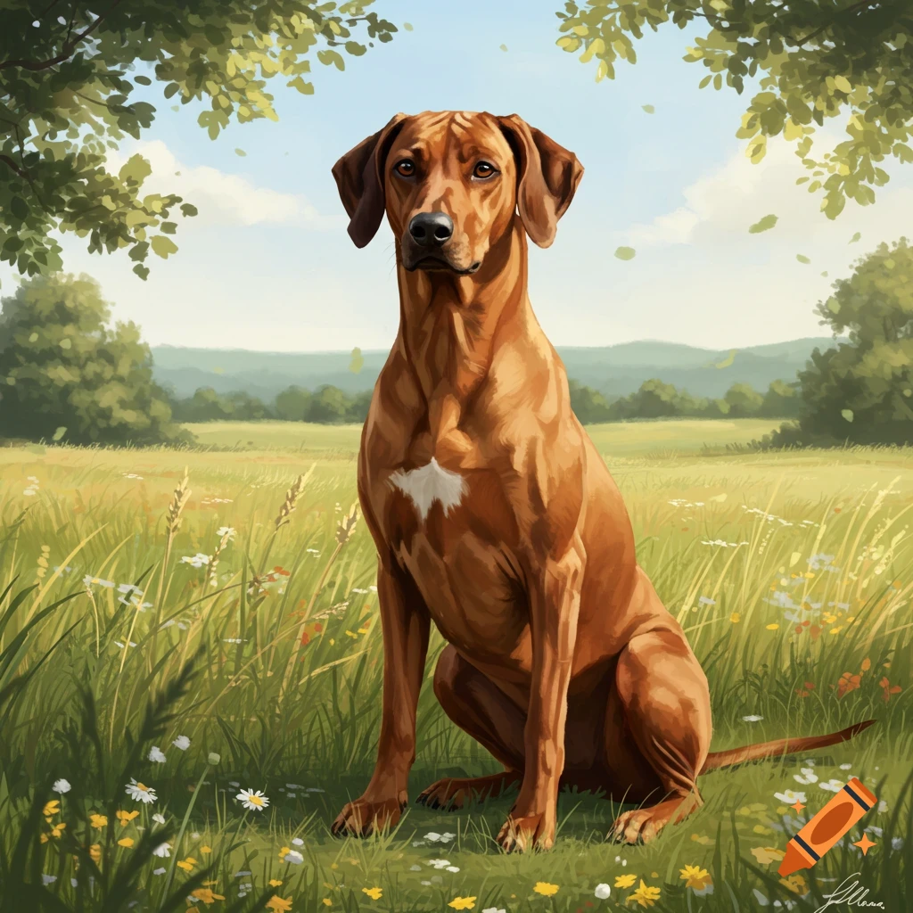 A Rhodesian Ridgeback dog sits in a sunny green field with wildflowers and trees under a blue sky.