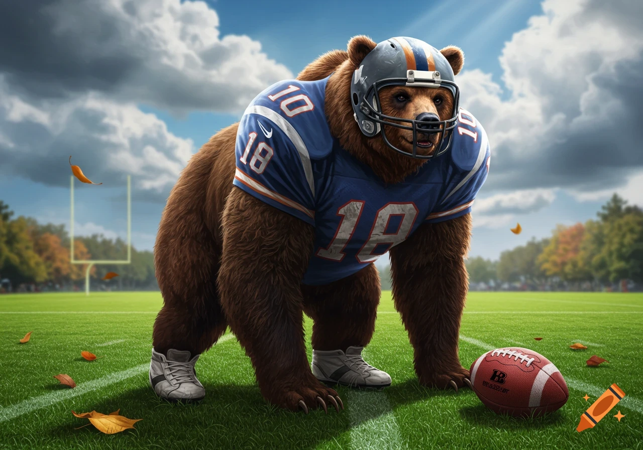 Photorealistic bear in a football uniform and helmet crouching on a grassy field next to a football.