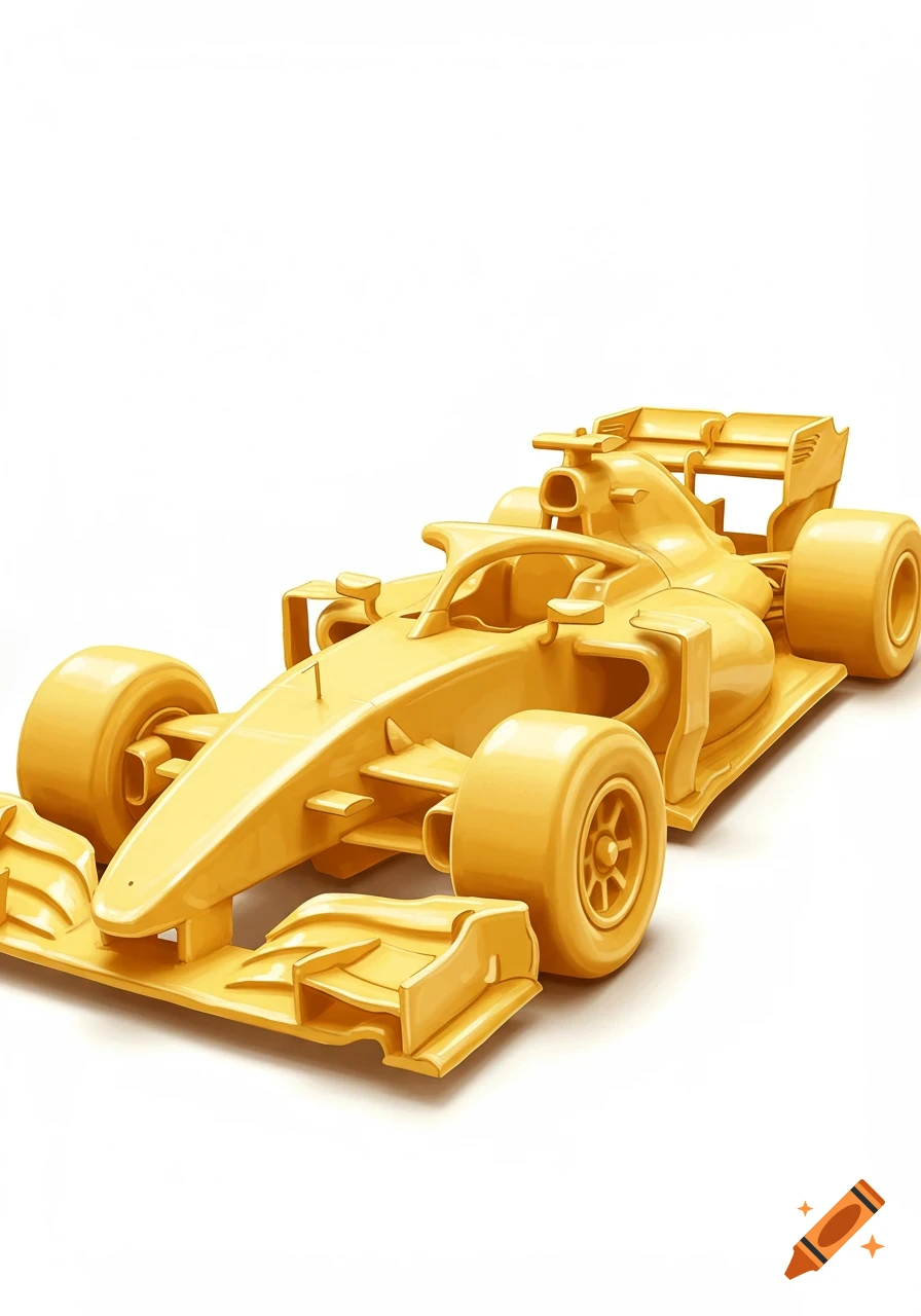 A shiny golden race car, appearing to be molded from butter, sits on a stark white background.