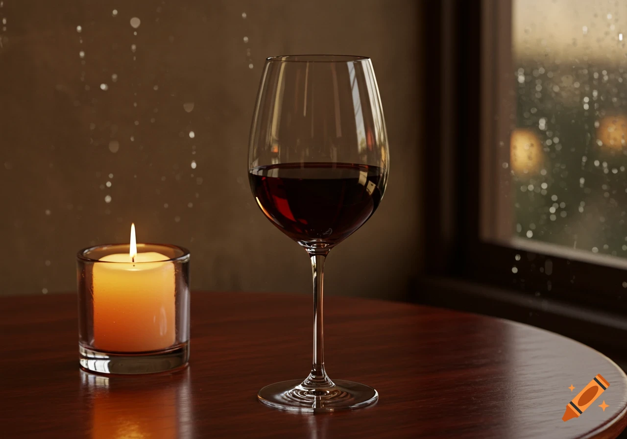 A photorealistic image of a half-full glass of red wine and a lit candle on a wooden table, with a rain-streaked window in the background.