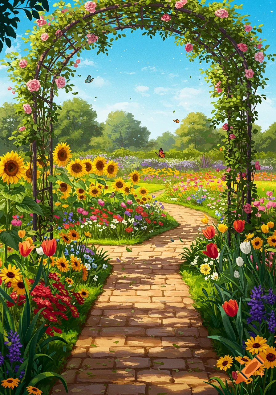 A vibrant garden path winding through an archway covered in pink roses and green leaves, lined with colorful sunflowers and various flowers under a blue sky.