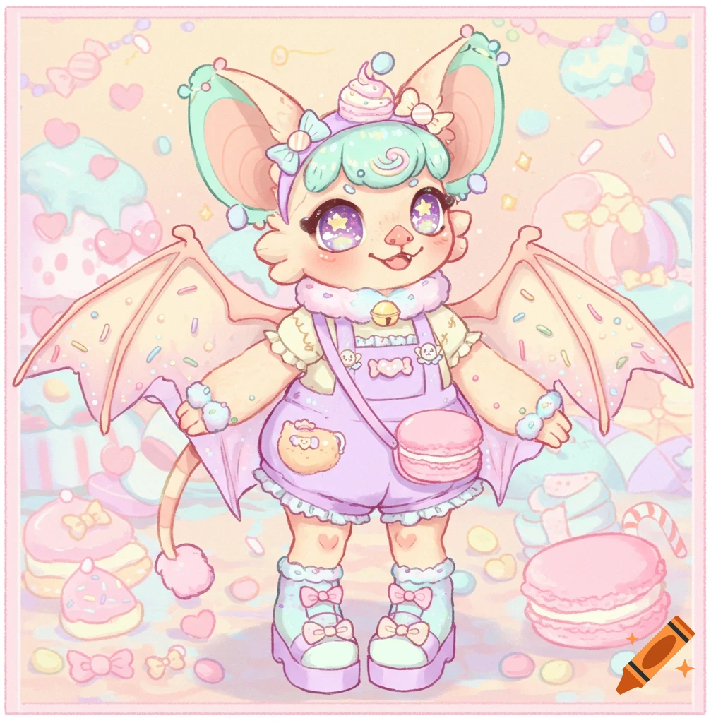 A cute anthropomorphic fruit bat character with creamy peach fur, mint green ears, and star eyes, wearing pastel overalls and a macaron purse, surrounded by candy.