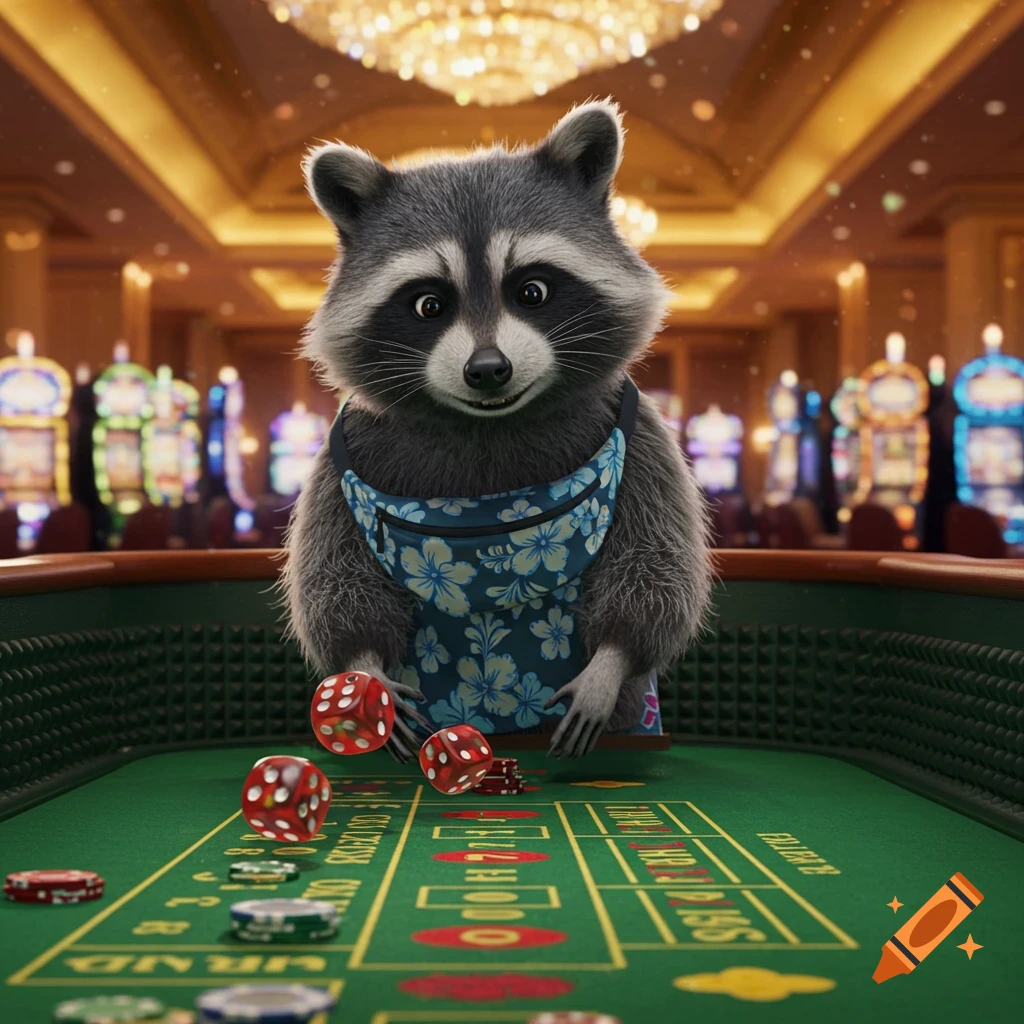 Photorealistic raccoon in a Hawaiian print fanny-pack playing craps at a casino table.