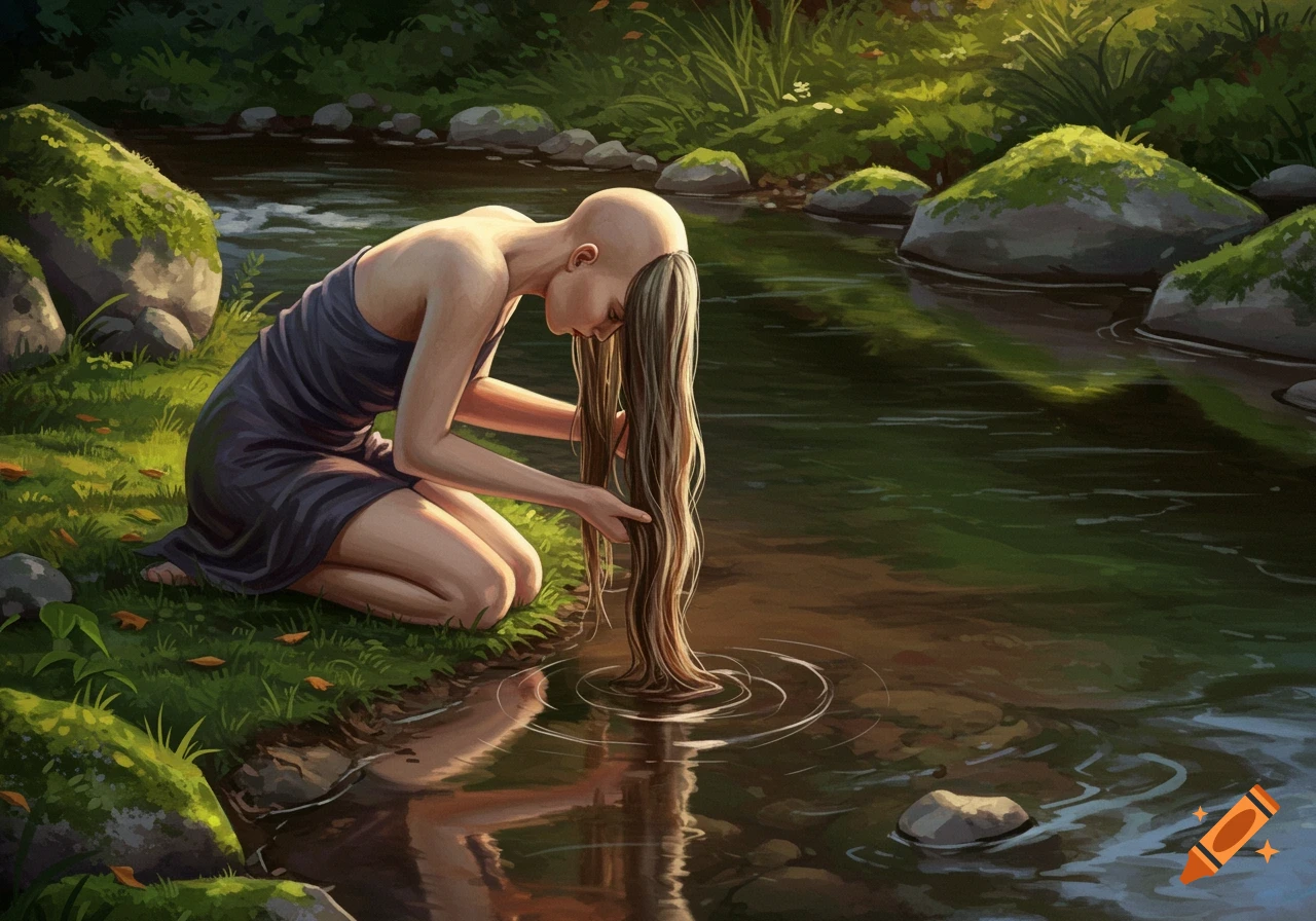 A woman with a bald head kneels by a river, shedding her long hair into the water in a lush forest. Digital painting.