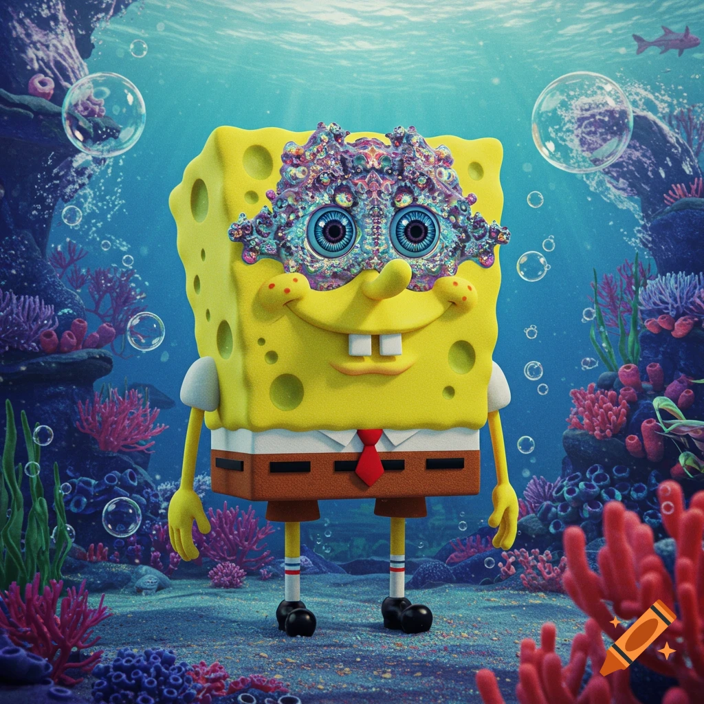 A 3D rendered Spongebob Squarepants underwater with a detailed, colorful, psychedelic mask on his head, surrounded by coral and bubbles.