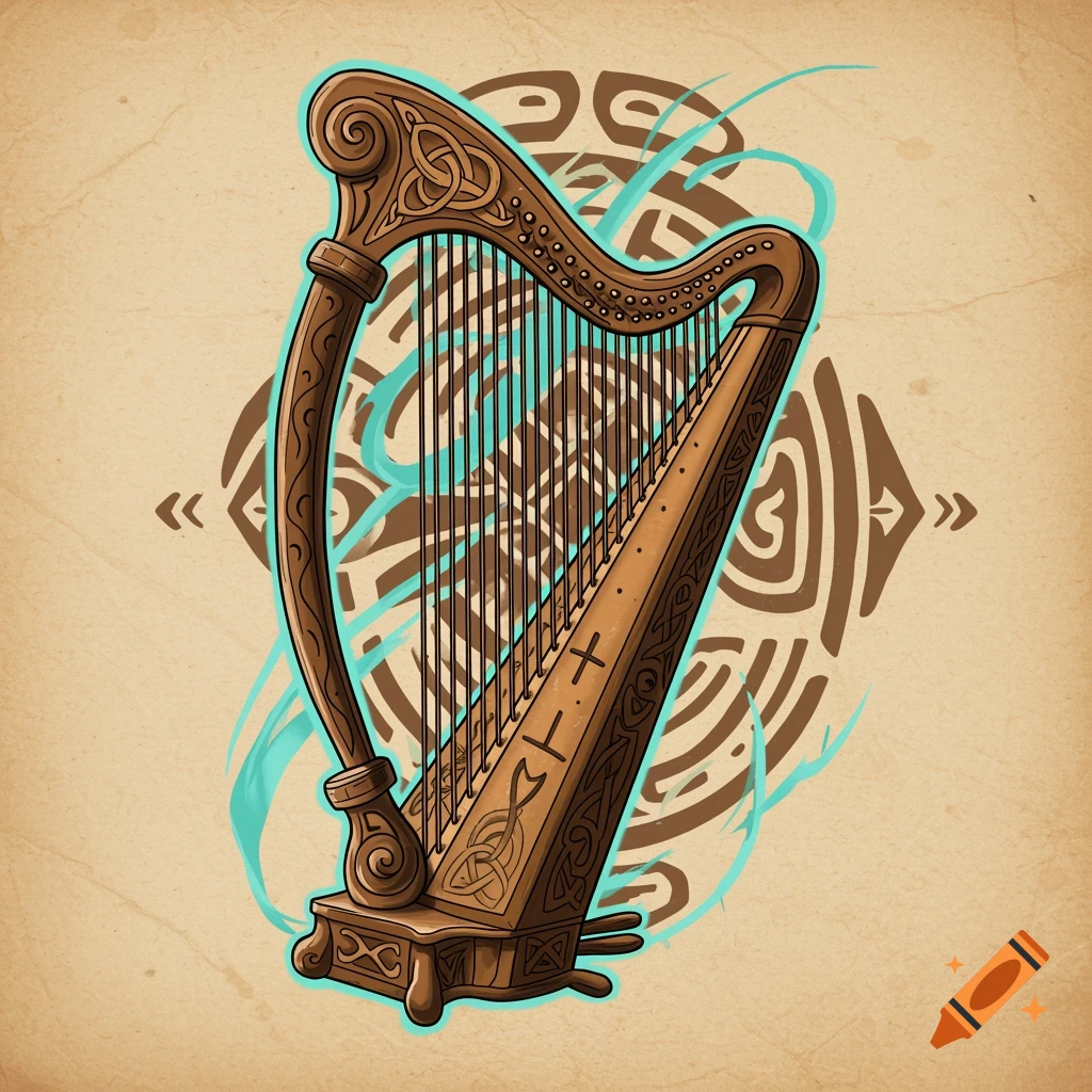 A stylized illustration of a wooden Irish harp adorned with Celtic knot designs and faint symbols, set against a textured brown background with turquoise and darker brown tribal patterns.