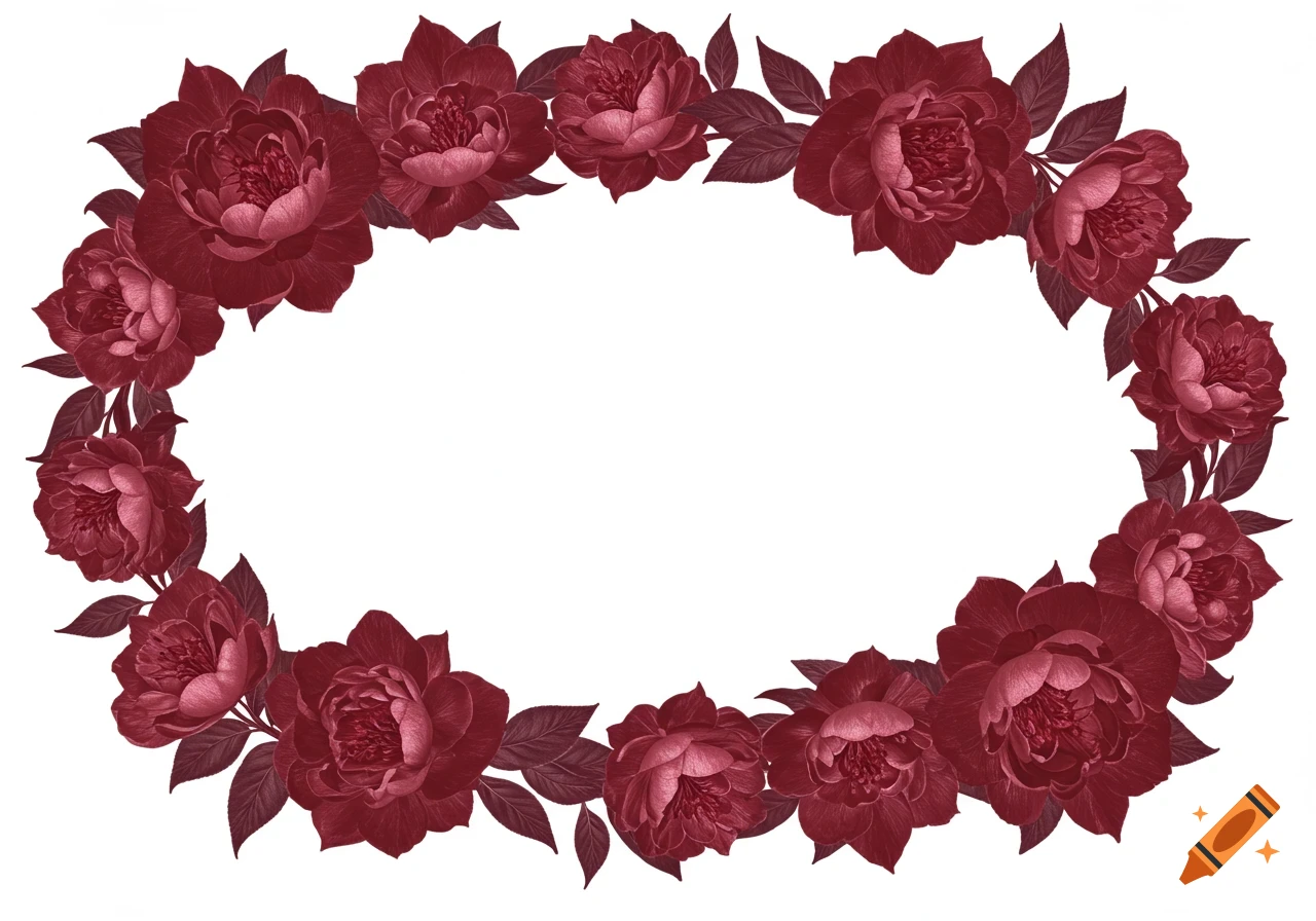 An oval frame composed of burgundy flowers and dark leaves on a white background.
