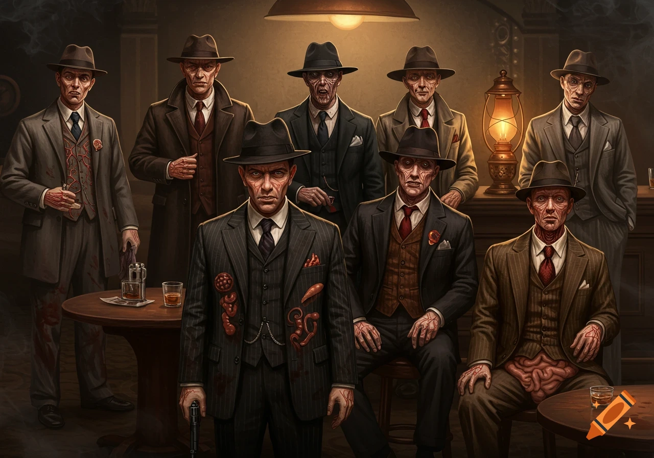 A group of zombie-like gangsters in suits and fedoras with visible internal organs and veins, gathered in a dimly lit speakeasy.