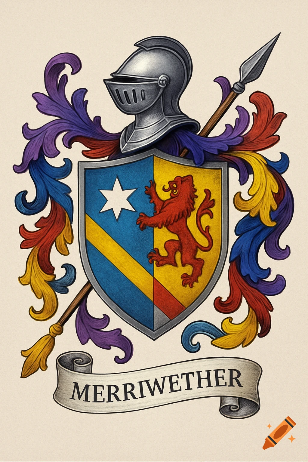 A colorful family crest featuring a silver helmet, a shield with a white star on a blue field and a red lion on a yellow field, a spear, and a banner with 'MERRIWETHER' text.